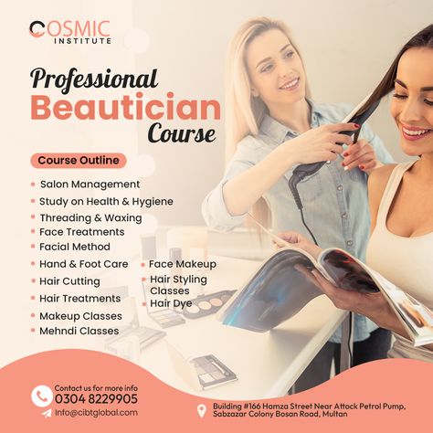 Cosmic Institute of Business and Technology is the leading provider of 𝐛𝐞𝐚𝐮𝐭𝐢𝐜𝐢𝐚𝐧 𝐜𝐨𝐮𝐫𝐬𝐞 in Multan. For those wanting to pursue a radiant career as a make-up professional, Cosmic Institute has all the resources to teach you all the tools and techniques for becoming a successful beautician. Enroll Now in this Course & Learn new techniques! 📱𝟎𝟑𝟎𝟎 𝟒𝟏𝟔𝟗𝟏𝟗𝟏 #beauticiancourse #beautician #beauticiantraining #hairstyles Face Mask For Clear Skin, Mask For Clear Skin, Beauty Salon Marketing, Beautician Course, Hair Salon Pictures, Diy Belt For Dresses, Face Wax, Salon Pictures, Honey Face Mask