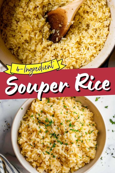 Souper Rice is a flavorful side dish that comes together in just 10 minutes. Using just four pantry staples, the risotto-like texture melts in your mouth. Souper Rice, Supper Casseroles, Minute Rice Recipes, Family Feast Recipes, Rice Side Dish Recipes, Minute Rice, Rice Side, Rice Recipes For Dinner, Rice Side Dishes