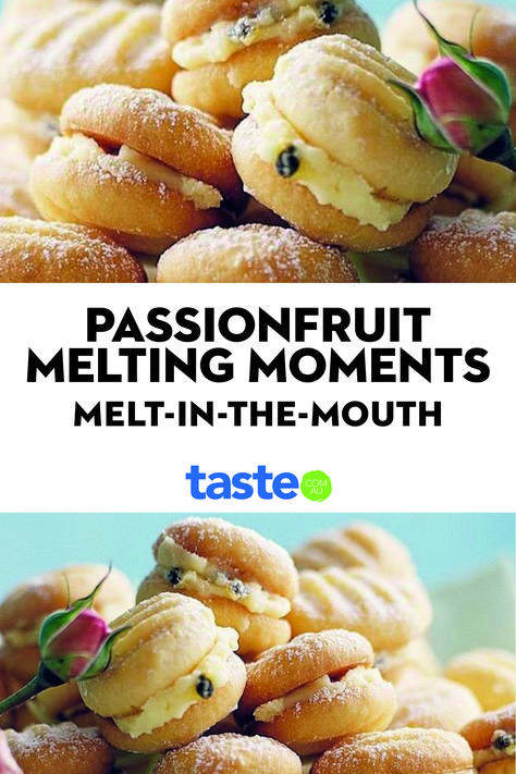 Passion Fruit Melting Moments, Passionfruit Melting Moments, Passionfruit Biscuits, Australian Biscuits, Melting Moments Recipe, Melting Moments Biscuits, Australian Cookies, Dessert Biscuits, Biscuits And Cookies