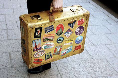 Ever since jr. high every vintage suitcase or trunk I've owned was covered in travel stickers. I'm actually looking for some for my son's suitcase right now. Cute Suitcases, Jr High, Travel Trunk, Old Suitcases, Vintage Trunks, Vintage Suitcases, Luggage Labels, Best Luggage, Vintage Suitcase