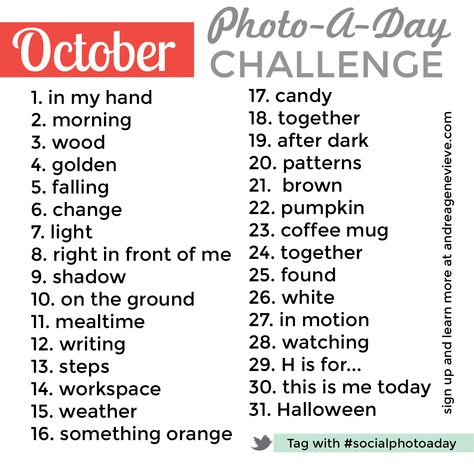 Time for a #photochallenge! Join me and use the hashtag #socialphotoaday throughout the month of October. Who doesn't love #instagram and photo-a-day challenges? For instructions head to andreagenevieve.com 365 Photo Challenge, Photo A Day Challenge, Photo Prompts, Foto Tips, Photography Challenge, Photography 101, Photo Journal, Day Challenge, Photo A Day