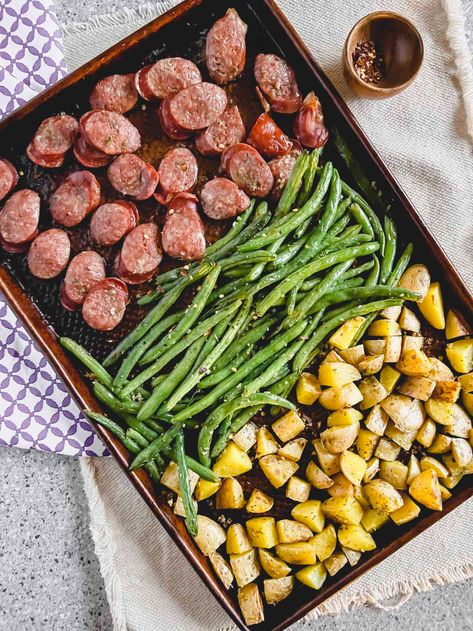 Sheet Pan Sausage, Potatoes and Green Beans - Big Delicious Life Sheet Pan Sausage Potatoes Green Beans, Sausage Potatoes And Green Beans Sheet Pan, Turkey Sausage Sheet Pan Recipes, Sheet Pan Potatoes And Green Beans, Sheet Pan Sausage And Potatoes, Sausage Potatoes And Green Beans, Corn Boil, Sausage Potatoes Green Beans, Pan Green Beans