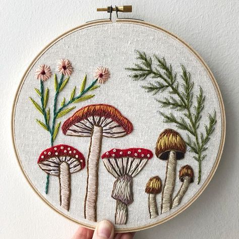 Sarah Godfrey on Instagram: “Finished this piece last night 🍄 can’t wait to start my next hoop! I love dreaming up woodland scenes 😍 . . . . . #embroidery…” Toadstool Ornaments, Mushrooms Embroidery, Nature Embroidery, Embroidery Template, Cadeau Diy, Autumn Crafts, Hand Embroidery Pattern, Hand Embroidery Stitches, Hand Embroidery Design