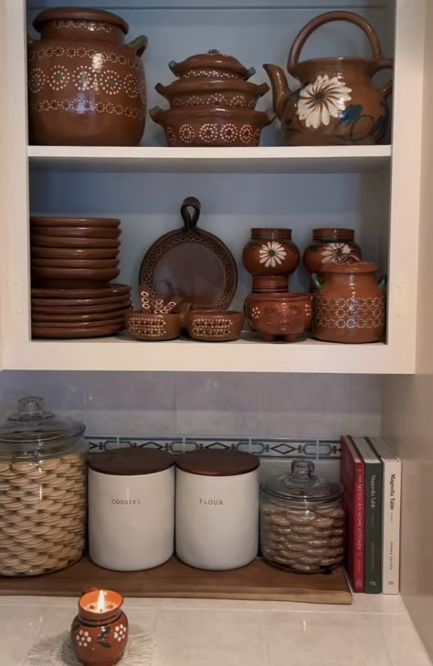 Hacienda Inspired Kitchen, Hacienda Style Kitchen Decor, Mexican Home Asethic, Mexican Boho Kitchen Decor, Kitchen Organization Ideas Aesthetic, Home Decor Ideas Mexican Style, Hacienda House Decor, Traditional Mexican Kitchen Decor, Mexican Kitchen Modern