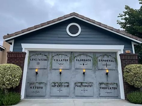 Halloween garage door crypt wall facade Garage Door Halloween Decor, Haunted House For Kids, Wall Facade, Halloween Garage Door, Door Decoration Ideas, Halloween Garage, Garage Door Decor, Halloween Diy Outdoor, Disney Furniture