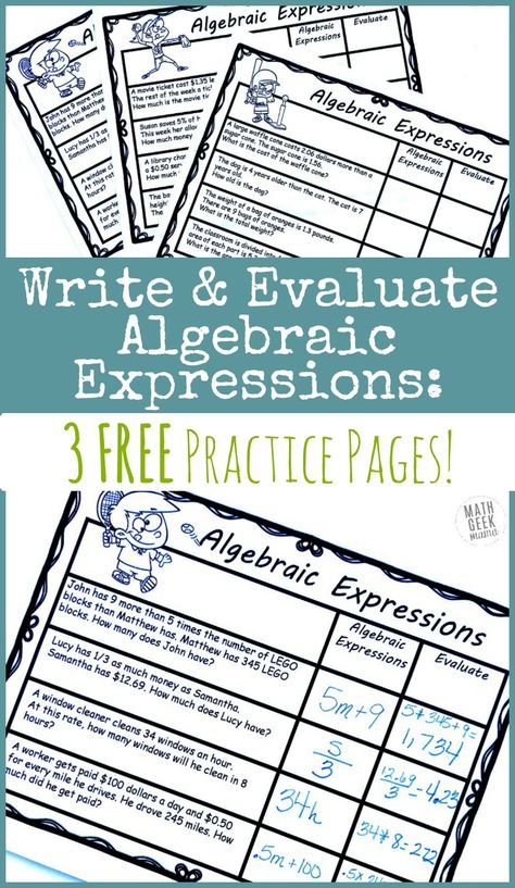 Writing Algebraic Expressions: FREE Practice Pages | Math Geek Mama Math Expressions 3rd Grade, Algebraic Expressions Worksheet, Algebra Vocabulary, Translating Algebraic Expressions, Writing Algebraic Expressions, Evaluating Algebraic Expressions, Writing Expressions, Dictionary For Kids, Math Expressions