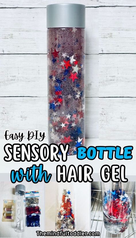 Learn how to make this super easy DIY sensory bottle with hair gel, glitter, and water. This hair gel bottle can be used as calm down jars in your home or classroom! It is great for toddlers, preschoolers, and even babies! Hair Gel Sensory Bottle, Sensory Jars For Kids, Sensory Bottles With Hair Gel, Calming Sensory Bottles, Sensory Bottles Diy, Make A Sensory Bottle, Calm Sensory Bottles, Wacky Science, Diy Sensory Bottles