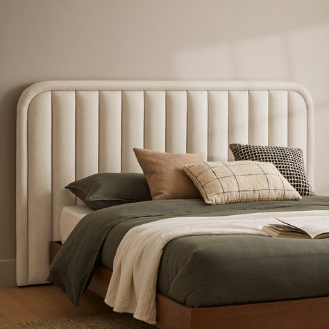 Article Headboard, Cream Headboard Bedroom, Cream Headboard Bedroom Ideas, Modern Pastel Bedroom, Neutral Headboard, Beige Headboard Bedroom, Tufted Headboard Bedroom, Beige Headboard, Pastel Bedroom