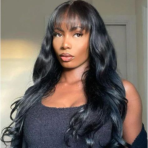 100% Human Hair Brazilian Remy Human Hair Body Wave Wigs with Bangs Natural Black Color 180% Density Bangs Sew In, Sew In Bangs, Curtain Bangs Black Women, Sew In With Bangs, Bday Hair, Hair Parting, Graduation Hair, Uni Fits, Weave Inspiration