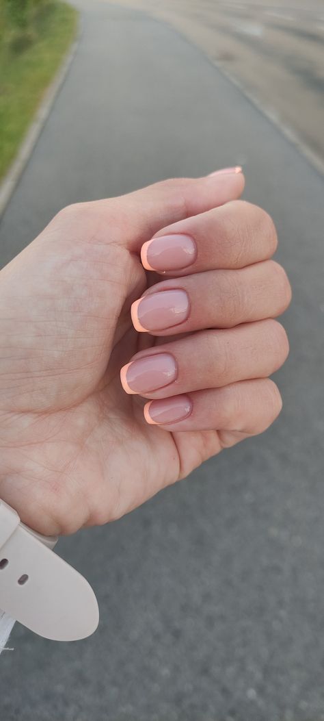 Peach Dress Nails, Salmon Pink French Tip Nails, Peach Short Nails With Designs, French Peach Nails, Salmon French Tip Nails, Peach Nails French Tip, Coral Nail Tips, Peachy Nail Color, Pastel Orange Nails Peach