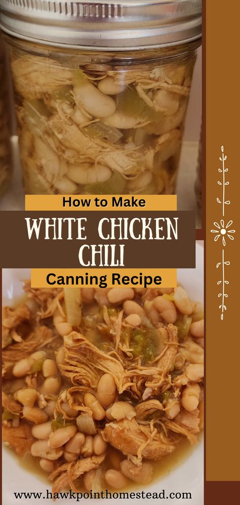 This easy canning recipe for white chicken chili is a delicious way to turn this tasty twist on traditional beef chili into a jar of home-canned soup on your pantry shelf for a wonderful meal anytime, especially on those busy weeknights. This easy white chicken chili recipe makes a hearty soup that is wonderful on a chilly day or any day. I enjoy taking my jars of ready to eat meals to work for lunch. Canning soup is one of the best things about learning how to can! Chicken Noodle Soup Canning Recipe, White Chicken Chili Canning Recipe, Canning Chicken Chili, Soups To Can For Winter, Canning Recipes Soup, Pressure Canned Soup Recipes, Home Canned Meals, Instant Soup Mix Recipes, Canning White Chicken Chili