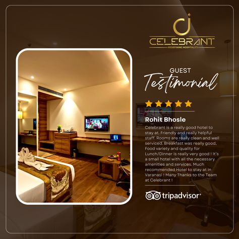 Thank you for your positive review! We're glad to hear that you found our hotel to be clean and comfortable, and that you appreciated the friendly and helpful staff. We hope to see you again soon! Email Us : gm@celebranthotels.com Call Us : +91-9517-299-951 Website : http://celebranthotels.com #GuestExperience #HotelReview #TravelerFeedback #StayExperience #tripadvisor #tripadvisorreview #CustomerSatisfaction #ValueForMoney #restaurant #varanasi #hotelsinvaranasi #celebrant #celebranthotels Review Creative Ads, Hotel Social Media Post Design, Hotel Creative Post, Hotel Post Design, Hotel Instagram Feed, Hotel Banner Design, Hotel Social Media Post, Hotel Marketing Design, Hotel Advertisement