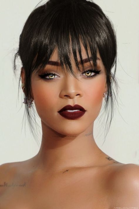 Rihanna Bangs Fringes, Rihanna With Bangs, Fringe Bangstyle Hair Black Women, Rihanna Bangs, Rihanna Haircut, Rihanna Makeup, Rihanna Fenty Beauty, Rihanna Hairstyles, Makeup For Black Skin