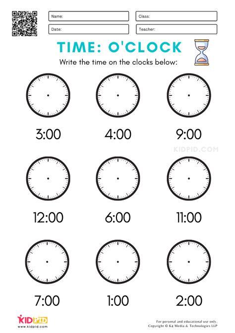 Analogue Time-O'Clock Worksheets for Kids Clock Worksheets, Clock Printable, Telling Time Worksheets, Learn To Tell Time, Time To The Hour, 1 Worksheet, Time Worksheets, Teaching Time, Clock For Kids