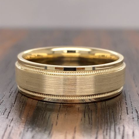 14K Gold 7mm Men's Wedding Band With Milgrain. This Timeless Wedding Band Features A Brushed Surface Coupled With Beautiful Milgrain and High Polish Edges.  DETAILS: * Handmade to order * Gold KT: 14K * Width of Band: 7mm * Custom gold color: yellow gold, white gold, or rose gold * Available in whole and half sizes 4 - 14 * Interior engraving is complimentary * Engraved message can be up to 30 characters (total letters, numbers, and spaces) * Engraving is in Arial font * Packaged in gift box * R Men’s Milgrain Wedding Band, White And Yellow Gold Mens Wedding Band, Mens Wedding Bands Gold Classic, Men Wedding Ring Gold, Wedding Bands For Men Gold, Men Wedding Band Gold, Men’s Gold Band, Men’s Gold Wedding Bands, Men’s Solid Gold Wedding Band