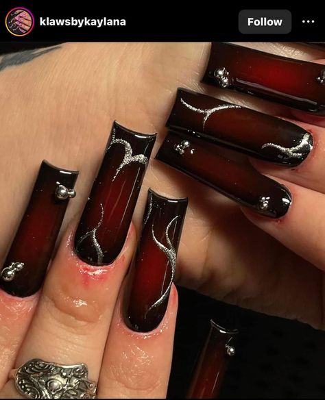 Square Acrylic Nails Red And Black, Black Goth Nails Square, Medium Goth Nails, Black And Red Baddie Nails, Red And Black Fall Nails, Black And Red Nails For Prom, Dark Nail Sets, Long Alt Nails, Black Or Red Nails