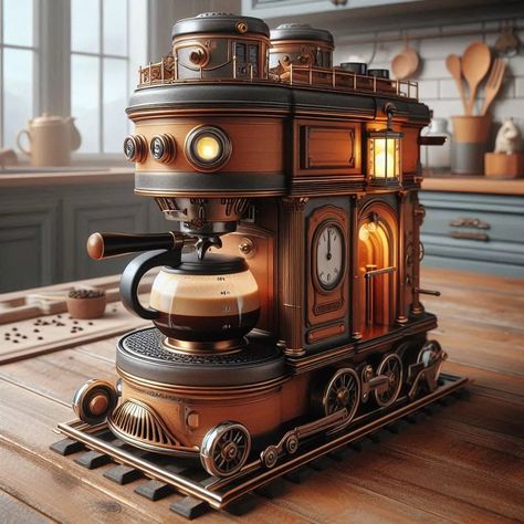 The Ultimate Train-Shaped Coffee Machine: All Aboard for a Unique Brewing Experience Unique Coffee Maker, Train Station Clock, Steampunk Machine, Steampunk Kitchen, Coffee Party, Dog Cafe, Coffee Nook, Coffee Farm, Coffee Illustration