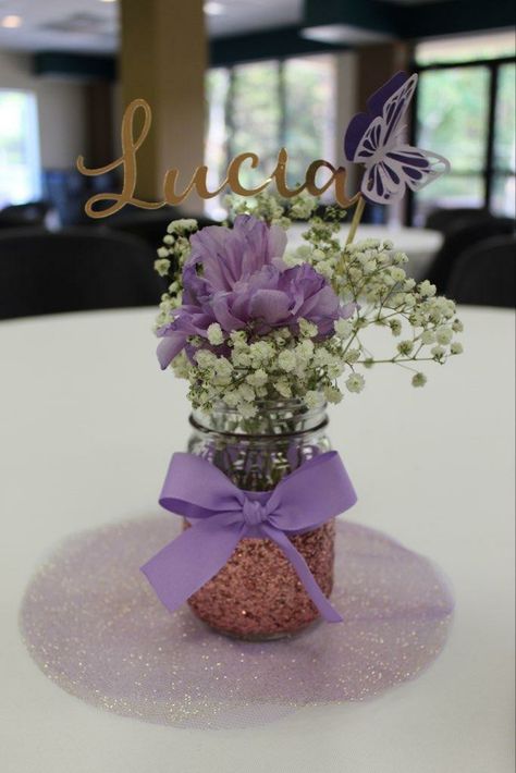 Butterfly 1st Birthday Decorations, Easy Diy Butterfly Centerpieces, Centerpieces For Quince Butterfly, Centerpiece With Butterflies, Deep Purple Centerpieces, Lavander Decoration Party, Butterfly 15 Centerpieces, 15 Birthday Centerpieces Ideas, Butterfly And Flower Centerpiece Ideas