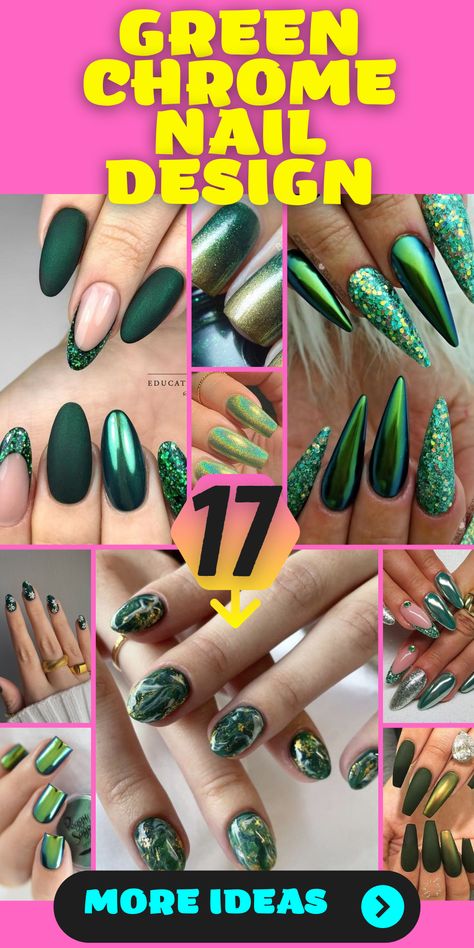 Looking for nail inspiration? Explore the world of green chrome nails and elevate your style! Whether you adore short square nails or prefer long stiletto nails, the chrome finish adds a modern touch. Experiment with shades like emerald and mint to create a captivating gradient effect. Add a pop of vibrancy with neon lime accents or embrace the elegance of a French tip. These acrylic nails are a versatile canvas for expressing your creativity and unique style. Pink Green Chrome Nails, Green Chrome Nail Art, Green And Gold Chrome Nails, Green Gel Nail Designs, Emerald Green Acrylic Nail Designs, Sage Green Chrome Nails, Chrome Nails Designs Short, Metallic Green Nails, Neon Green Nail Designs