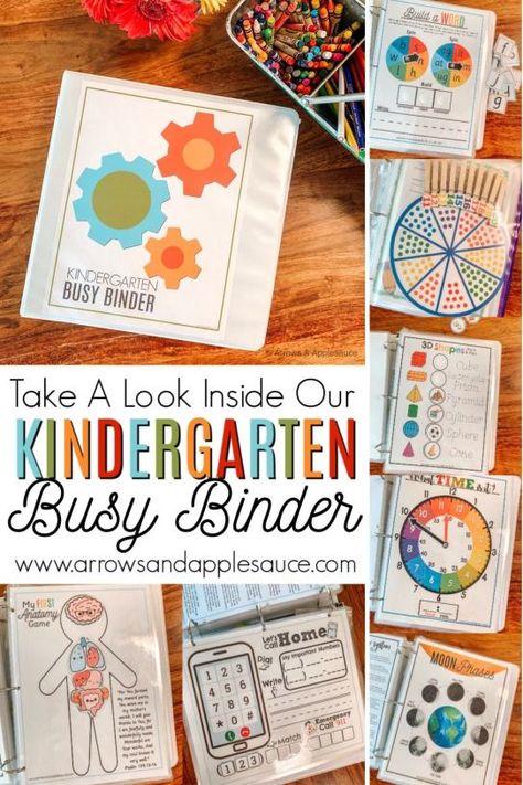 My preschool busy binders were a hit, so we're continuing the fun with a Kindergarten busy binder! The best way to keep our curriculum helpers organized. #busybinder #kindergartenhomeschool #kindergartencurriculum #homeschoolprintables #homeschoolorganization #kindergartenmath #kindergartenscience #learningtoread #sightwordpractice #cvcwords #educationalgames Kindergarten Learning Binder Free Printables, Busy Binder For Kindergarten, Circle Time Binder Free Printable, How To Homeschool Kindergarten, Homeschool Binder Printables Free, Busy Binders For Toddlers, Kindergarten Busy Binders, Kindergarten Homeschool Activities, Homeschool Kindergarten Activities