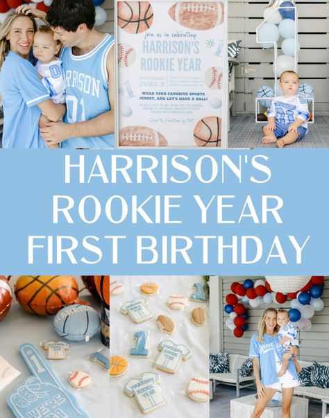 How to Throw an All-Star Sports Themed First Birthday Party - All About Harrison's Rookie of the Year Birthday!! - JetsetChristina Sport First Birthday Party, Sport Theme First Birthday Party, Sports Theme One Year Old Birthday, Rookie Year First Birthday All Sports, Roomie Of The Year First Birthday, Rookie Of The Year First Birthday Diy, Rookie Year First Birthday Sports, All Star First Birthday Party, Rookie Of The Year Basketball First Birthday