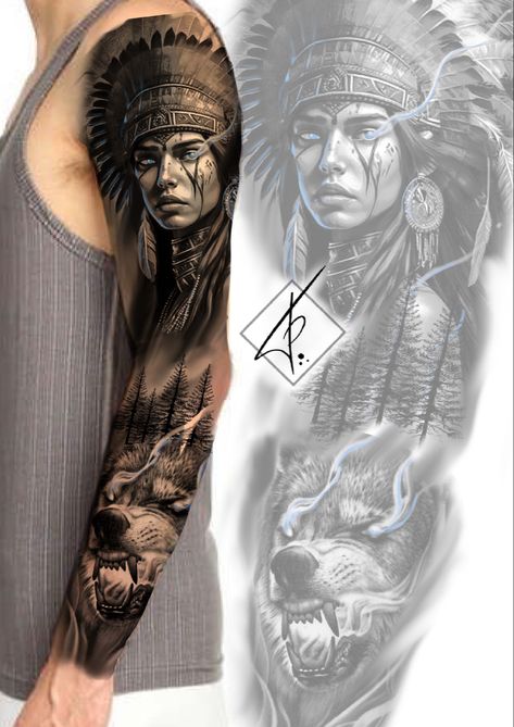 #wolf #wolftattoo #realistictattoo #mountains #composition #tattooideas #tattooart #brazil #natalrn #commission Native American Animal Tattoos, Native Sleeve Tattoo, Native American Sleeve Tattoo, Indian Tattoos For Men, Tattoo Parejas, Native American Warrior Tattoos, Wolf Sleeve, Arm Tattoos For Guys Forearm, Native American Tattoos