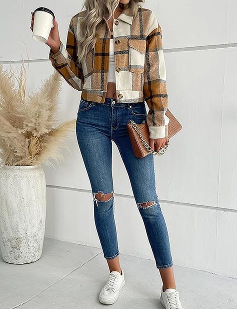 Flannel Cropped Plaid Shacket Jacket  #ad Plaid Jacket Outfit, Checked Shirt Women, Streetwear Chic, Cropped Coat, Waist Jacket, Plaid Cardigan, Retro Jacket, Cardigan Shirt, Vintage Cardigan