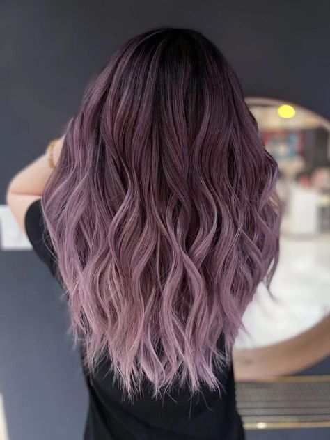 Smokey Purple Hair Balayage, Chocolate Lilac Hair Color Balayage, Brown To Lavender Hair, Brunette Lilac Hair, Hair Trends 2023 Color Purple, Balayage Hair Purple Lavender, Low Maintenance Purple Hair, Mauve Hair Balayage, Urban Mauve Hair Color