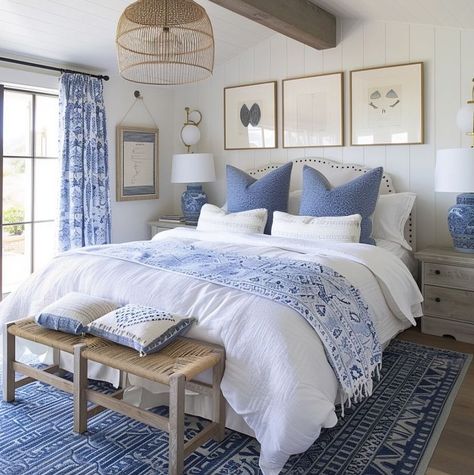 Coastal Blue Bedroom, French Blue Bedroom, Cozy Coastal Bedroom, Blue White Bedroom, Coastal Room Decor, Attic Bedroom Designs, Bedroom Stuff, White Bedroom Decor, Blue Bedroom Decor