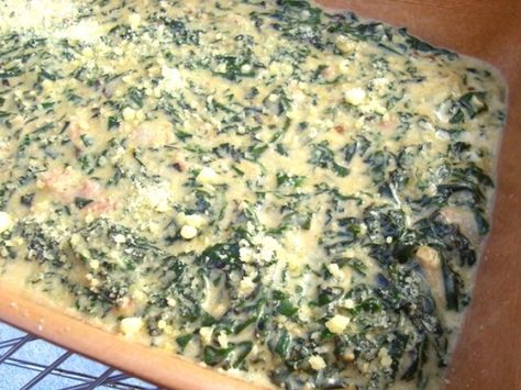 This recipe is guaranteed to put a smile on any spinach-lovers face and will compliment any meal, since this is a creamed spinach recipe it is not a dish that bakes out totally firm.  To remove the bitterness from the frozen spinach I like to microwave it in a little water for 10 minutes or until boiling, rinse until cold water then squeeze dry, if you dont mind the strong taste then you can omit this step. Prep time does not include cooking the bacon. Boursin Cheese Recipes, Spinach And Bacon, Creamed Spinach Recipe, Spinach Bake, Recipe Thanksgiving, Spinach Recipe, Boursin Cheese, Leafy Vegetables, Creamed Spinach