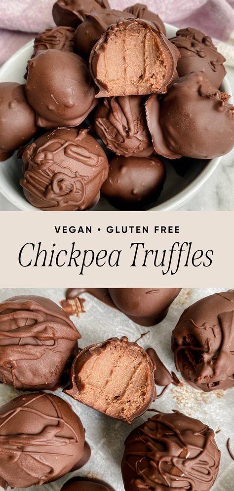 Chickpea Truffles are rich, smooth, and incredibly creamy. These vegan chocolate truffles simply melt in your mouth and have the most unbelievable fudgy texture. A great vegan and gluten free snack that is extremely indulgent. They make for a great healthy after dinner snack. Non Dairy Treats, Best Healthy Sweet Snacks, Gf Df Snacks On The Go, Healthy Truffles Recipes, Raw Vegan Truffles, Super Easy Gluten Free Desserts, Vegan Holiday Recipes Desserts, Healthy Snacks For Chocolate Craving, Thanksgiving Recipes For Two People