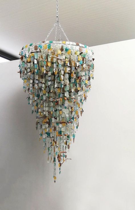 Landshark Art, Sea Glass Chandelier, Glass Light Fixtures, Glass Chandeliers, Shell Chandelier, Beaded Lamps, Contemporary Lighting Design, Unique Chandeliers, Cow Horns