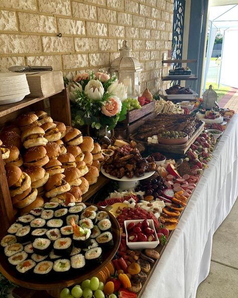 Wedding Food Steak, Sushi For Wedding, Sushi Bar At Wedding, Snacks Wedding Reception, Wedding Sliders Station, Sliders For Wedding Reception, Wedding Dinner Ideas Food Buffet, Cute Wedding Food Ideas, Sushi Table Wedding