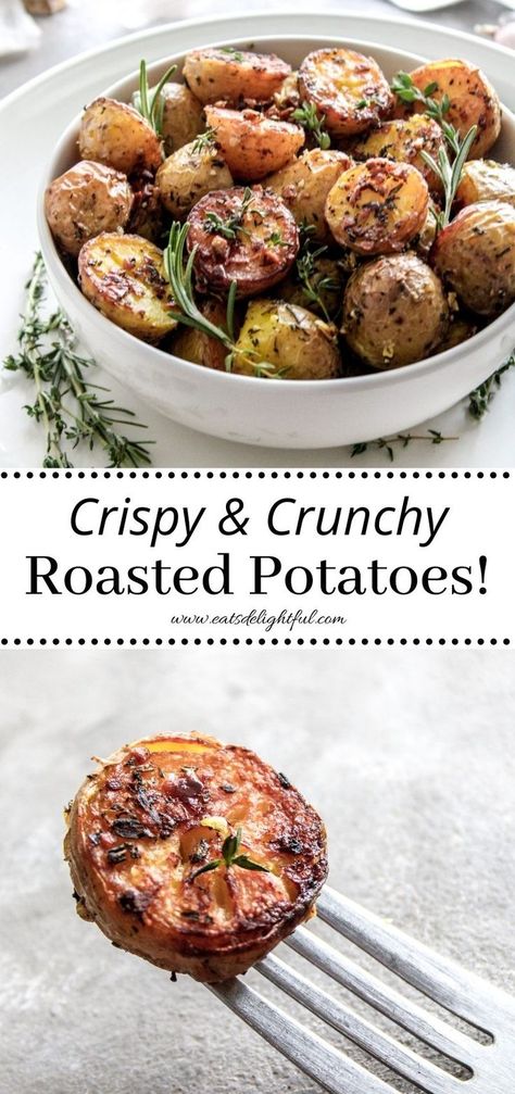 2 stacked images: roasted potatoes in bowl (top image) and one potato on fork (bottom image) Roasted Potatoes Rosemary, Baby Potatoes Roasted, How To Roast Potatoes, Baked Potatoes Recipes, Thyme Potatoes, Baked Baby Potatoes, Oven Baked Potatoes, Potatoes Thanksgiving, Potatoes Oven