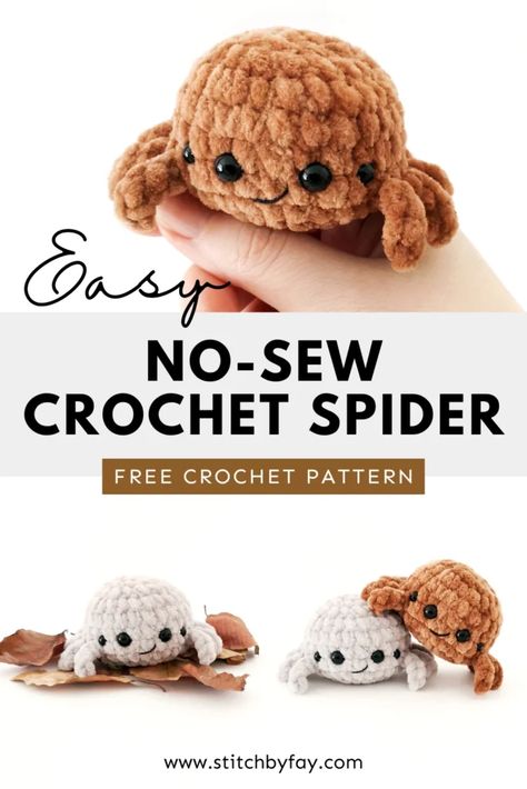 Pinterest image showing a collage of small crochet plush spiders. Text reads: "Easy no-sew crochet spider, free crochet pattern, www.stitchbyfay.com". Crochet Squishies, Small Crochet Plush, Spider Plushie, Spider Crochet Pattern, Amigurumi Spider, No Sew Amigurumi, Spider Crochet, No Sew Crochet, Crochet Spider