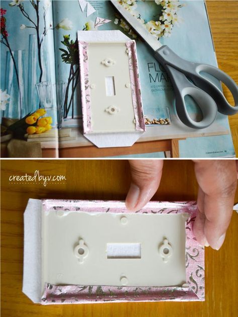 diy decorative switch plates outlet covers, crafts, decoupage Craft Room Lighting, Light Switch Covers Diy, Tile Mirror, Decorative Switch Plate, Decoupage Diy, Plates Diy, Globe Decor, Diy Plant Stand, Outlet Cover