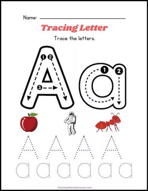 Free Letter A Tracing Worksheets: Easy Print! - The Simple Homeschooler A Letter Tracing, Tracing Letter A Worksheet, Tracing Alphabet Letters Free Printable, Letter A Tracing Worksheet, A Tracing Worksheets, Letter A Worksheet, Writing Activities For Preschoolers, Tracing Activities, Preschool Tracing