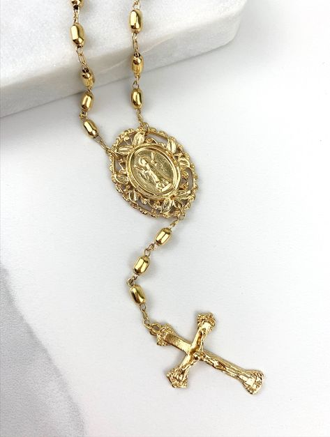 18k Gold Filled Beaded Chain Divine Child, Divino Nino Rosary Necklace, Religious Jewelry, Wholesale Jewelry Making Supplies-Size:Thickness: 1.5mm | Length: 25.5 inches | Drop Length: 3.9 inches | Cross Length: 1.2 inches | Cross width: 0.7 inches Rosary Jewelry, Drinks Smoothies, Gold Rosary, Mexican Jewelry, Rosary Necklace, Random Ideas, Rosary Catholic, Jewelry Wholesale, Religious Jewelry