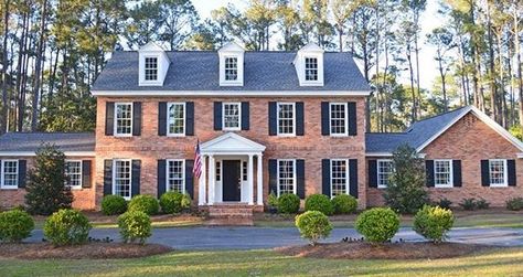 Georgian Exterior Makeover, Georgian Home Landscaping, Colonial House With Dormers, Cottage Colonial Exterior, Colonial With Carport, Brick Colonial Makeover, Colonial House Exterior Porch Addition, Colonial Home Addition Ideas, Front Dormer Ideas