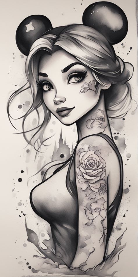 A Disney-inspired tattoo is creatively displayed over a blank canvas, drawn in a watercolor style. Exclusively in black and white, the design beautifully combines nostalgia with a modern artistic aesthetic. Character Sketches Easy, Disney Character Sketches Easy, Disney Inspired Tattoo, Dark Disney Tattoo, Dark Disney Princess, Disney Character Sketches, Kawaii Alt, Dark Disney Art, 2023 Wallpapers