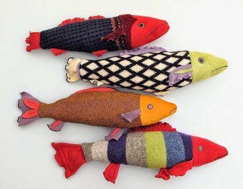 Upcycling mismatched socks (Upcycling forum at permies) Stuffed Fish, Fabric Fish, Sock Doll, Sock Dolls, Recycled Sweaters, Sock Toys, Sock Crafts, Sock Animals, Textile Doll