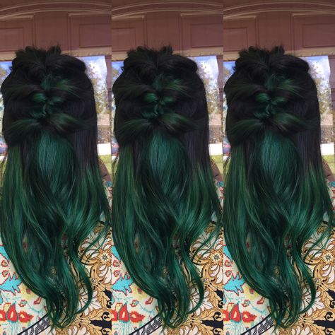 Green Balyage Long Hair, Green Peek A Boo Hair, Green Underdye Hair, Green Balayage Hair, Evergreen Hair, Brown And Green Hair, Green Balayage, Easy Updo Hair, Green Hair Color Ideas