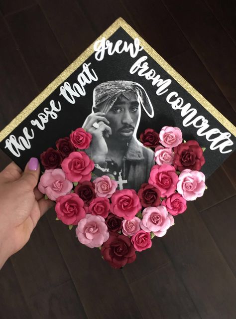 Tupac inspired graduation cap Lil Wayne Graduation Cap, Graduation Cap Designs Tupac, Spm Graduation Cap, Tupac Graduation Cap Ideas, Scarface Graduation Cap, Tupac Graduation Cap, Hip Hop Graduation Cap, Grad Cap Decoration Ideas, Graduation Diy Decorations