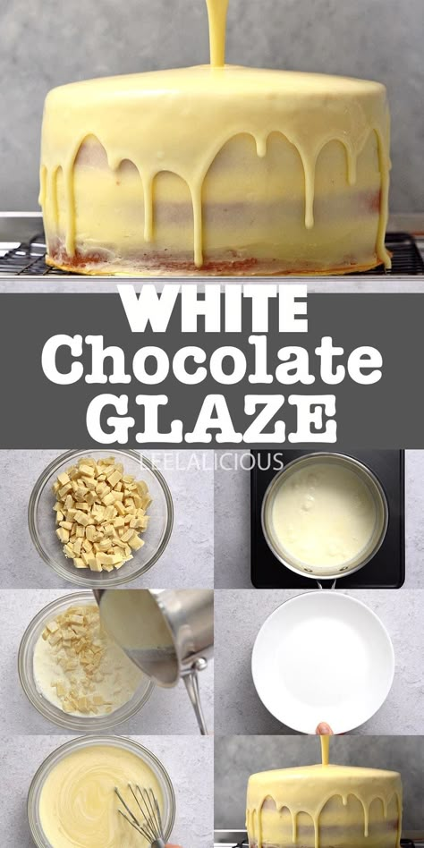 This white chocolate ganache glaze is basically a ganache that is pourable in order to give cakes a nice coating and sheen. Consider glazing your favourite cake with this delectable white chocolate glaze White Chocolate Ganache Recipe, Ganache Glaze, Chocolate Glaze Recipes, White Chocolate Glaze, White Chocolate Icing, Chocolate Ganache Glaze, White Chocolate Sauce, Chocolate Ganache Recipe, Frosting Recipes Easy