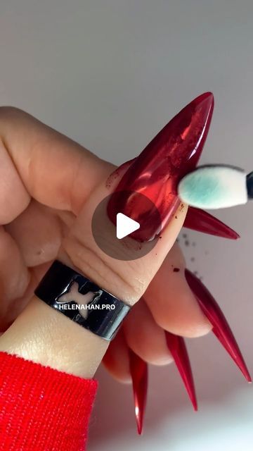 Elena Khan on Instagram: "Red chrome @hgprofessional @hgprofcom  Use my promo code HAN10 Chrome top Red chrome  Base  High gloss top coat  . . . . . . #helenahanpro #hgprofessional #rednails #longnails #redchrome #nailitdaily #glassnail #nailtech #nailsart #helenahantutorial #instagramnails #nail #rednailslove #nailitdaily #nailporn #nailsonfleek #rednailpolish #nailsoftheday #halloweennails #nailpro #rednails❤️ #nails2inspire #nailsnailsnails #nailfeed #naillove  #halloween #rednails💅 #naildesigns" Red Chrome Nails Designs, Chrome Red Nails, Red Chrome Nails, Short Oval Nails, Chrome Top, Red Chrome, Red Nail Polish, Glass Nails, Instagram Nails