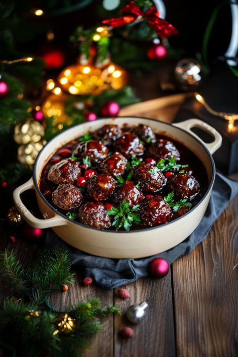 These sweet and savory Christmas meatballs, made with ground beef, port wine, and a rich sauce, are just what you need for your next holiday party! Christmas Crockpot Meatballs, Holiday Dishes Christmas Dinner Parties, Christmas Food Main Courses, Cooking With Port Wine, Holiday Meatball Appetizers, Christmas Meatballs Crockpot, Holiday Meatballs Crockpot, Crockpot Meatballs Cranberry Sauce, Christmas Dinner Party Food Main Dishes