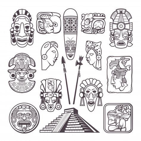 Monochrome set mayan culture symbols. tr... | Premium Vector #Freepik #vector #face #tattoo #avatar #flat Monochrome Pictures, La Muerte Tattoo, Simbolos Tattoo, Mayan Mask, Aztec Mask, Monochrome Photo, Aztec Symbols, Mayan Tattoos, Inca Tattoo