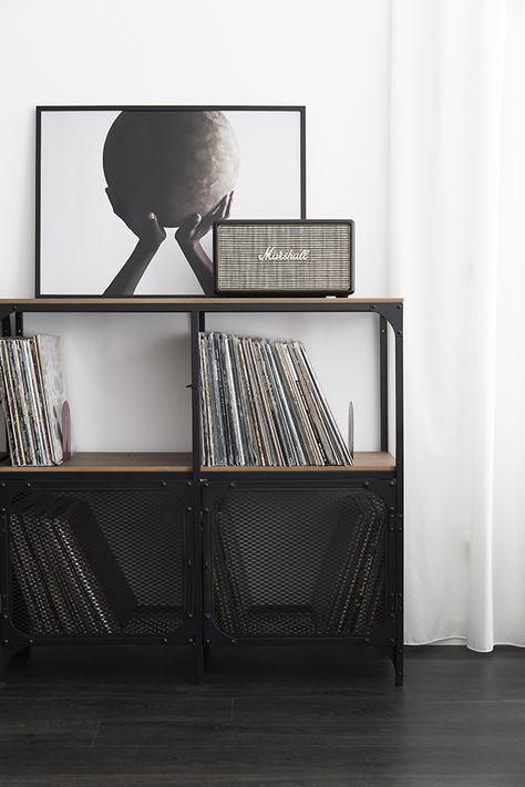 Marshall Speaker Decor, Marshall Speaker Aesthetic, Marshall Speaker Interior, Industrial Cupboard, Vinyl Room, Record Room, Industrial Home Decor, Audio Room, Photography Styling