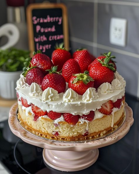 Ultimate Summer Strawberry Pound Cake Strawberry Cake Decor, Strawberry Shortcake Pound Cake, Strawberry Filled Cake, Peanut Butter Pound Cake, Strawberry Pound Cake, Strawberry Shortcake Cake, Strawberry Theme, Cake Strawberry, Pound Cake With Strawberries