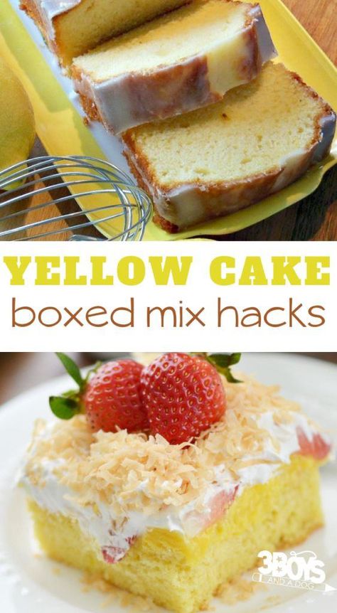 make a box cake mix taste like bakery cakes with these easy yellow box cake recipes.  These cake mix desserts include cake mix cookies and more dessert recipes that start with a boxed cake mix. #recipes #cakemixcookies #boxcakemixhacks Yellow Cake Mix Recipes, Moist Yellow Cakes, Recipes Using Cake Mix, Boxed Cake Mixes Recipes, Nursing Cake, Cake Mix Desserts, Yellow Cake Recipe, Cakes To Make, Dessert Simple